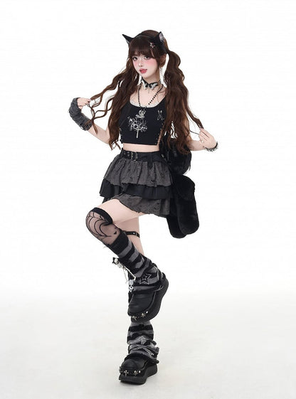 Tiered Skirt Gray Distressed Holes Lined