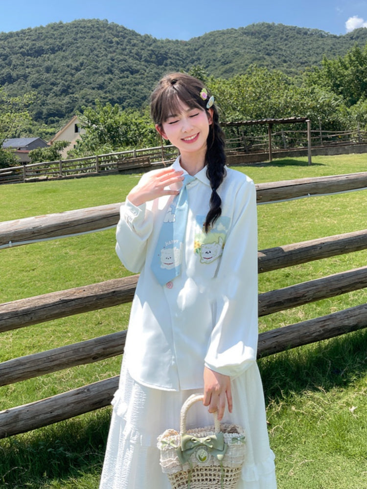 White Floral-Shaped Buttons Puppy Pattern Pocket Shirt with Tie