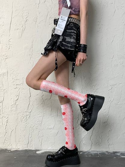 Stockings Print Pink Bowknot And Cherry Underknee Y2K