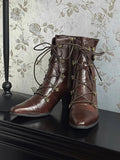 PU Dual with Leather Brown Steampunk Closure - Lace-Up Pointed Zip Toe Boots Ankle Inner