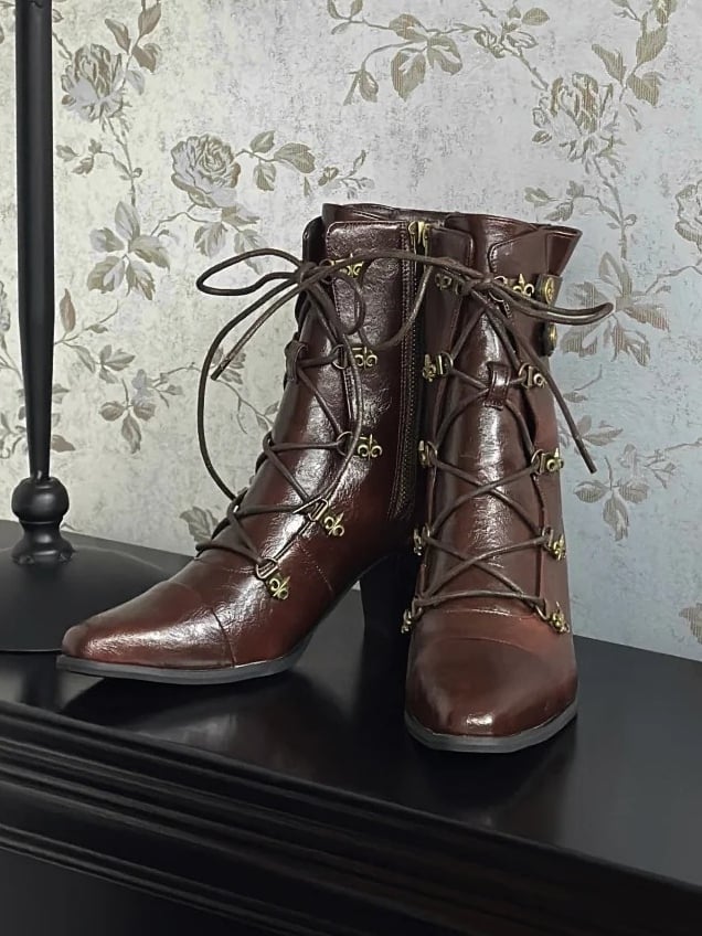 PU Dual with Leather Brown Steampunk Closure - Lace-Up Pointed Zip Toe Boots Ankle Inner