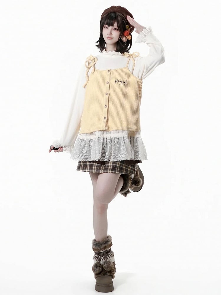 Design Plaid Pattern Patchwork with Details Skirt Brown