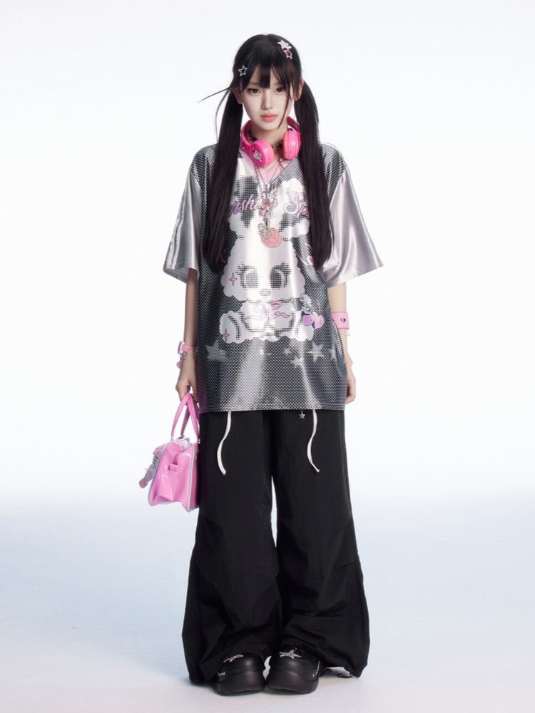 愛らしいウサギのプリント、白黒Vネック水玉Tシャツ