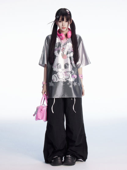 愛らしいウサギのプリント、白黒Vネック水玉Tシャツ