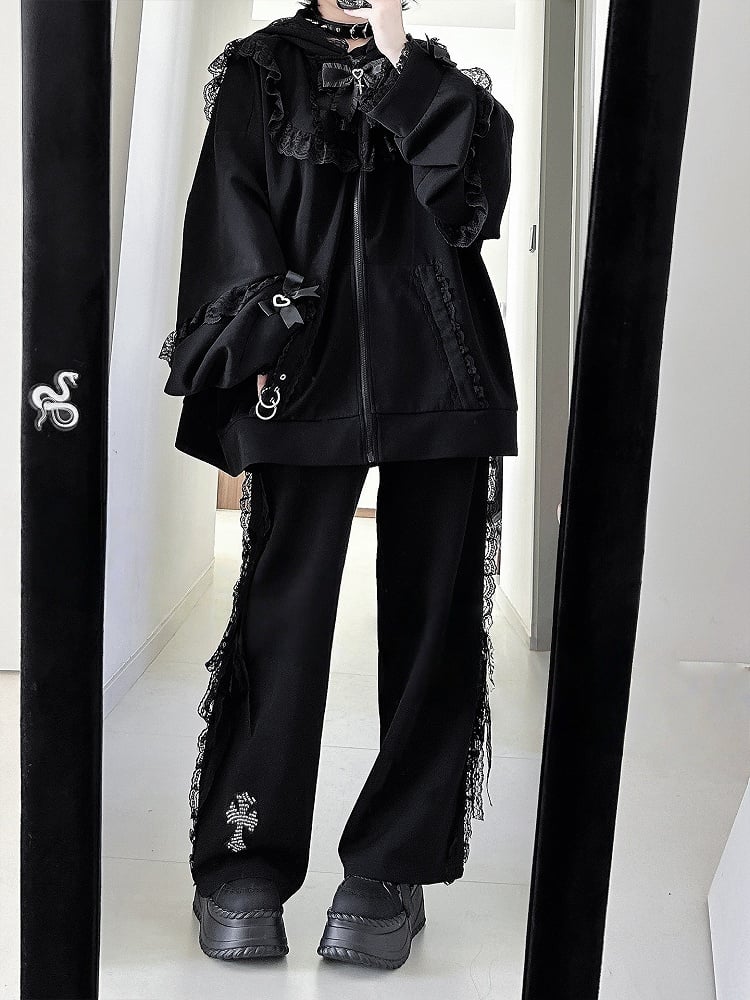 Jirai Black Tie Bow Hoodie Ear Zip with Lace Bunny Kei