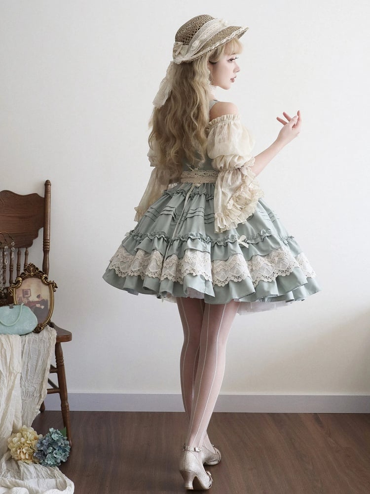 Light Jumper Skirt Ruffle Green Summer Trim Pleated and Lolita