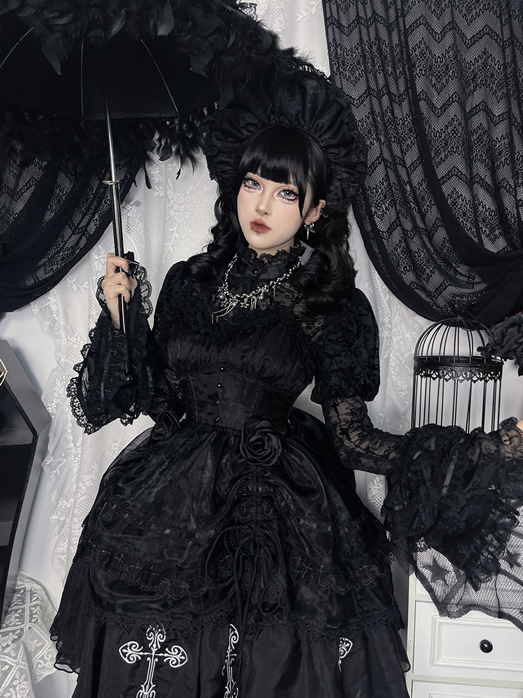 Kuro Black Cross Print Lace Trim Gothic Lolita Puffy Dress Jumper Skirt