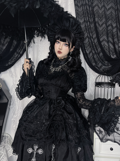Kuro Black Cross Print Lace Trim Gothic Lolita Puffy Dress Jumper Skirt
