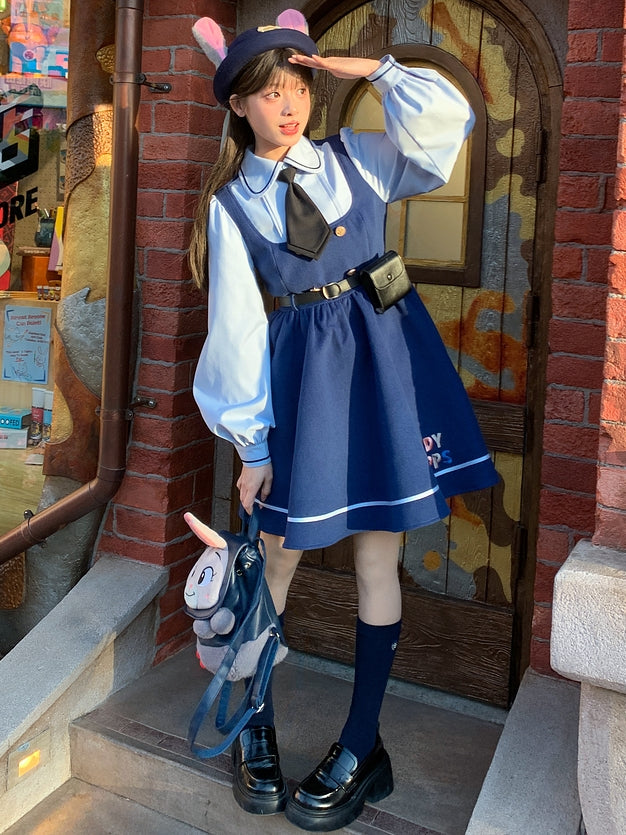 Zootopia Judy Navy Blue Fake Two-piece Preppy Style Dress with Free Waist Bag