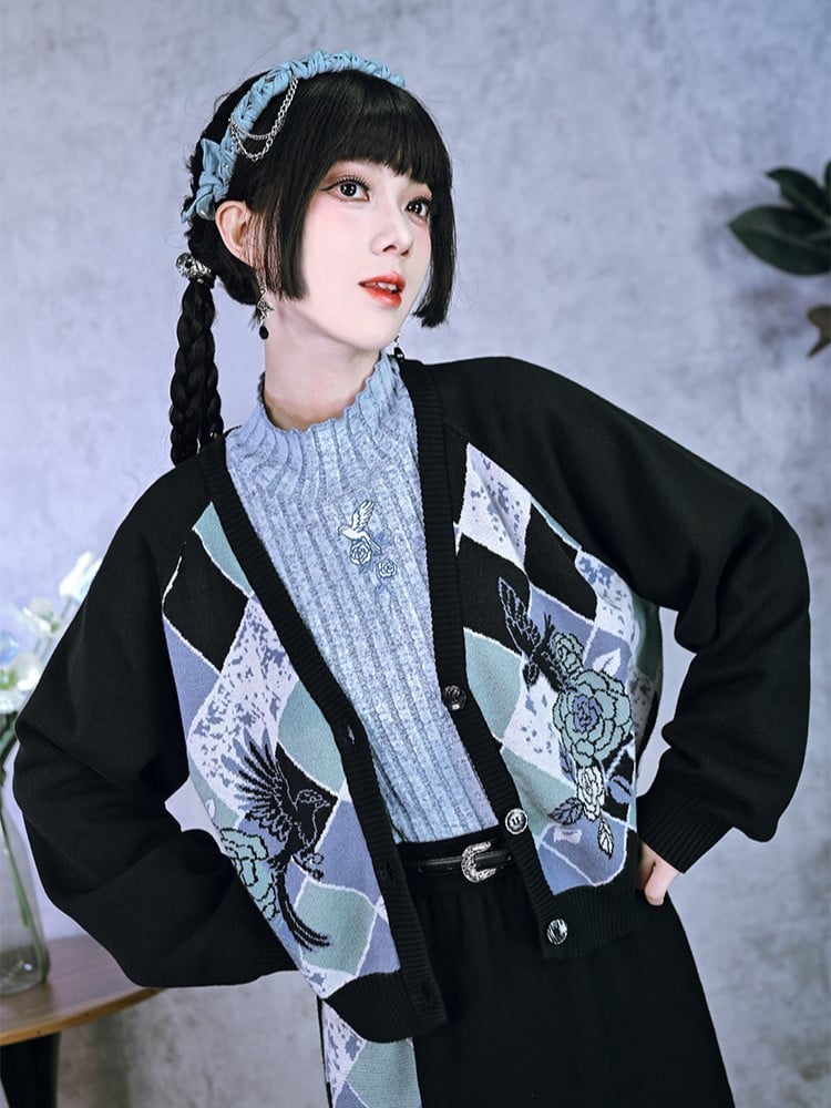 Knit Pattern Multi-Color Cardigan with Cheongsam Black Print V-Neck Jacquard Diamond Floral