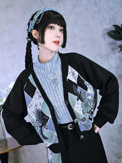 Knit Pattern Multi-Color Cardigan with Cheongsam Black Print V-Neck Jacquard Diamond Floral