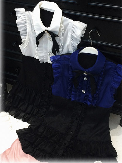 Skirt Tiered Dress: Two-Piece Sleeves White and Black Ruffle Flutter Faux Placket Jirai Kei with