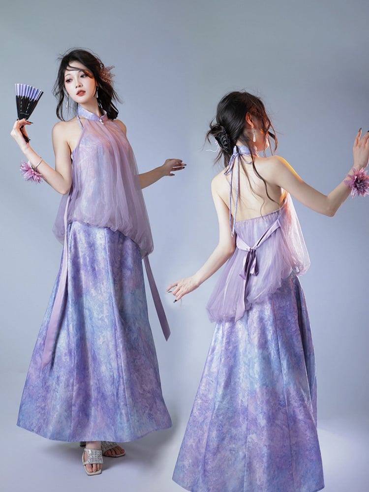 Satin A-Line Chinese Style Floral Slip Dress - sijinstudio