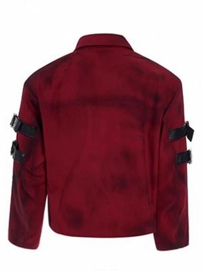 with Buckle Strap Jacket Design Distressed Unisex Short Red