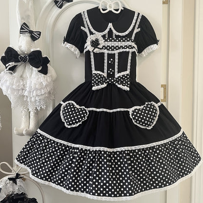 Kleid Schule Polka Alt Schwarz Baumwolle Weiß Punkte Lolita