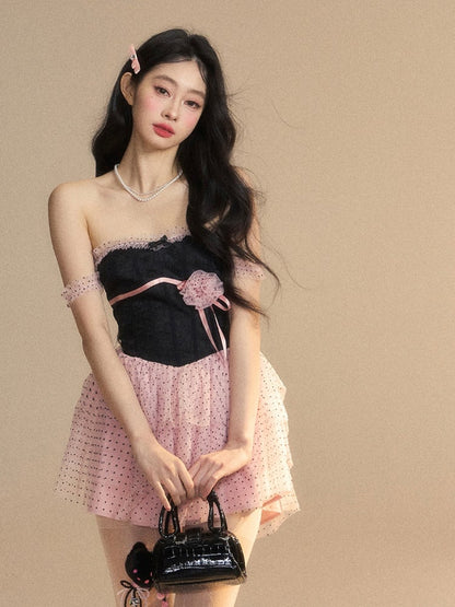 Dress Tiered Polka-Dot Mesh Skirt Floral Black  Pink Mini Accent Pattern