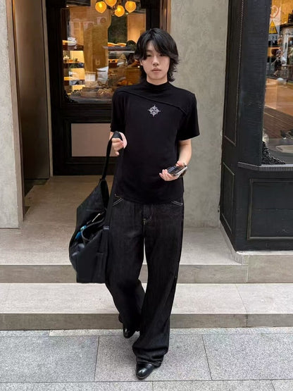 Unisex Black Cross-Collar Short-Sleeve Knitwear - DETW OnLine