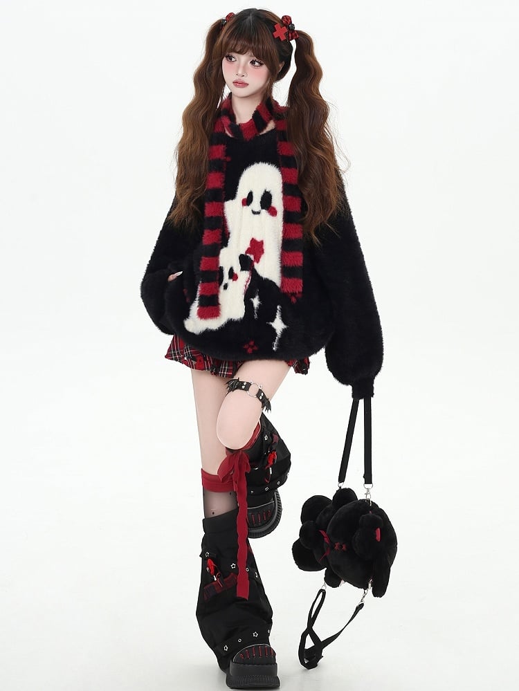 Ghost Sweater Pattern Scarf Striped with Pink/Black/Red Kawaii