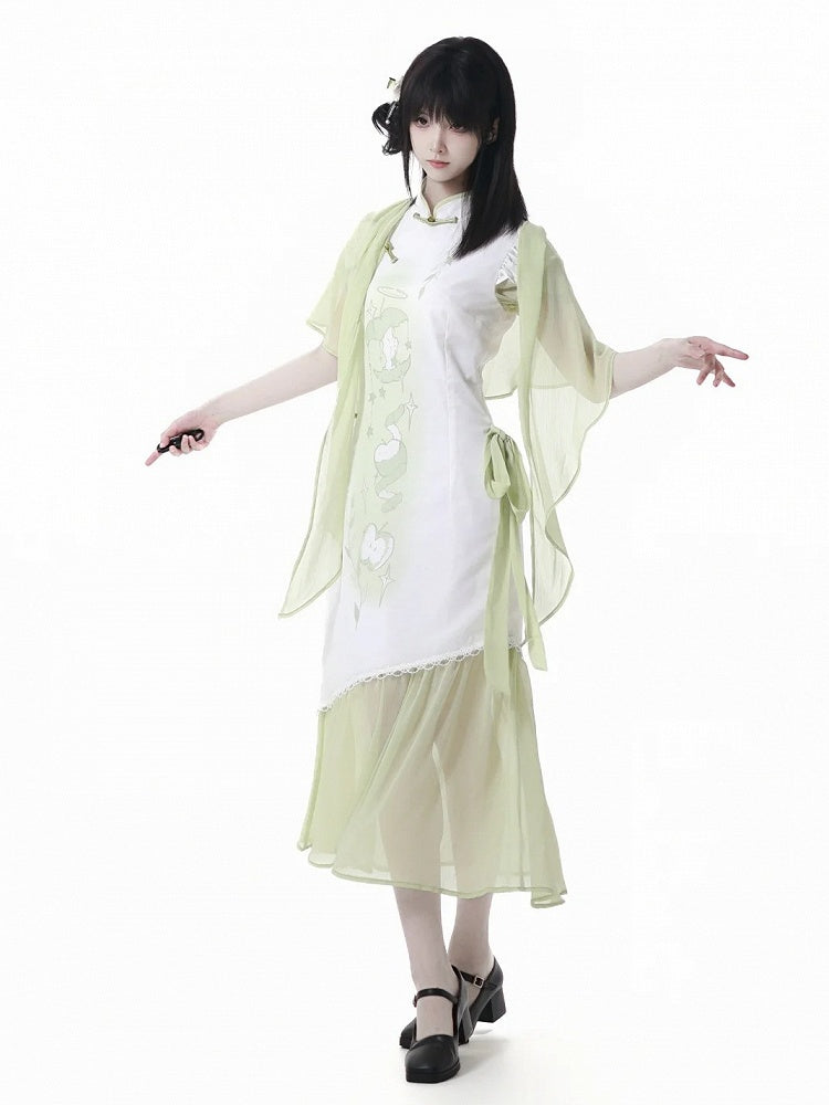 Banded Dress Qipao Collar Apple Print Cheongsam Style Buttons Green Knot