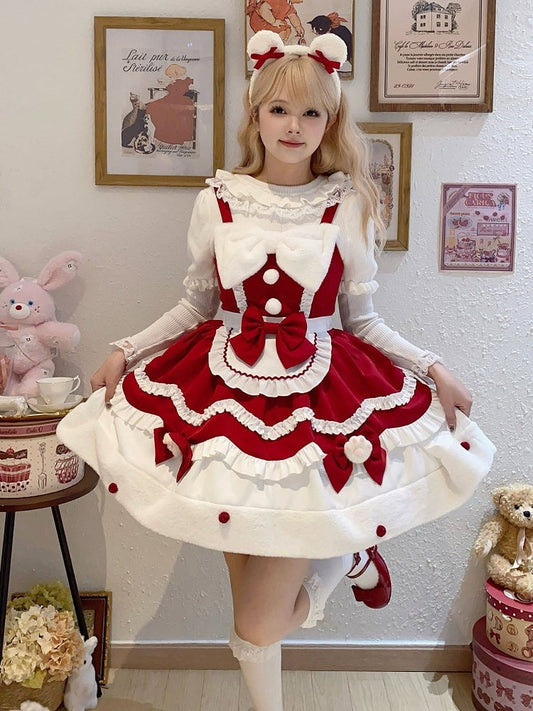 Plush Apron Bow Ruffle JSK Red Lolita Cute Trim Dress with