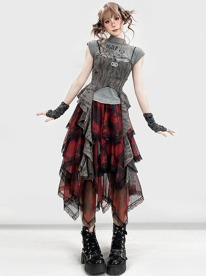 Krawatte Roter Besatz Spitzensaum Y2K Rock Taschentuch Farbstoff Stufen