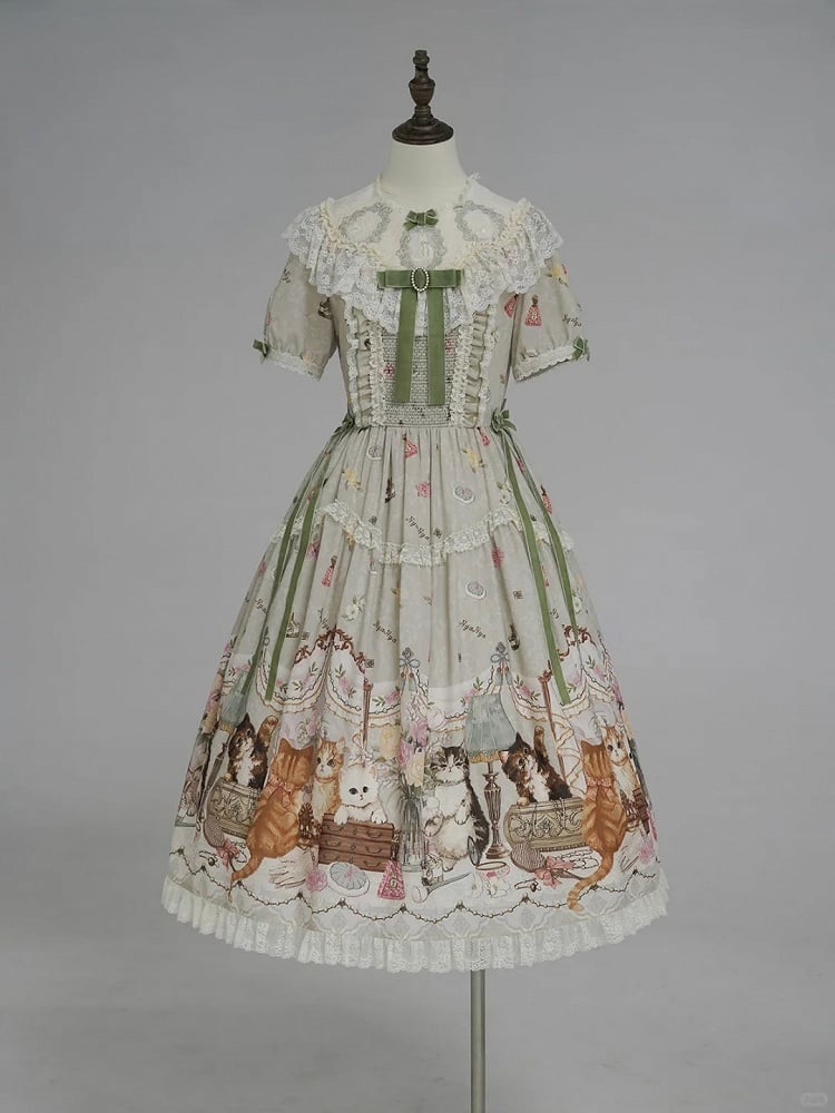 Green Cat Print Round Neck Sweet Lolita Dress with Lace Trim - NyaNya