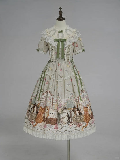 Green Cat Print Round Neck Sweet Lolita Dress with Lace Trim - NyaNya