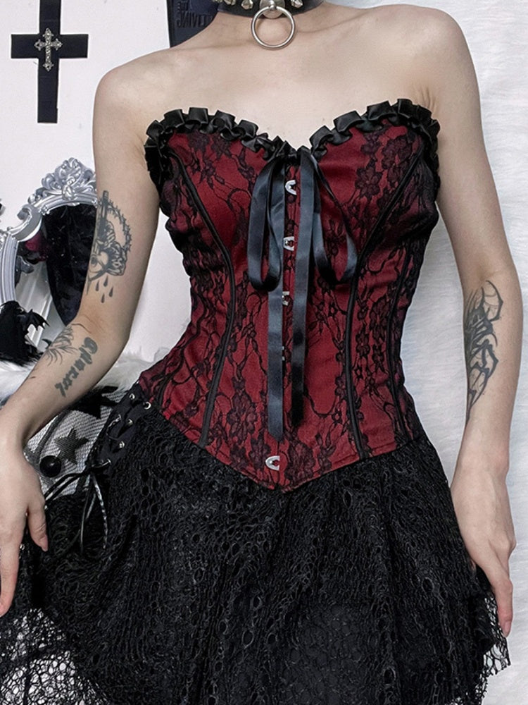 Halloween Gothic Red Ribbon Corset Floral Bow Top Detail Black Embroidery with