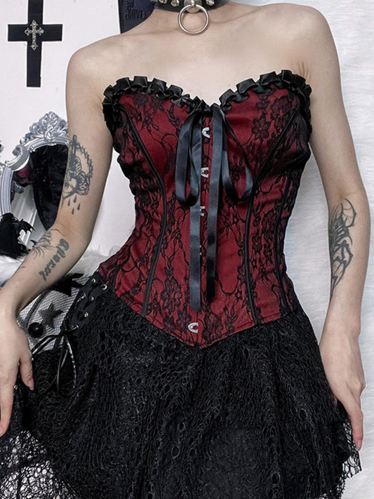 Halloween Gothic Red Ribbon Corset Floral Bow Top Detail Black Embroidery with