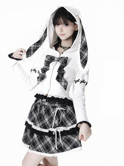 Schnürung, Spitzenbesatz, Hasenohren, weiß/schwarzes Design, Kapuze, Reißverschluss, Kapuzenärmel, abnehmbar