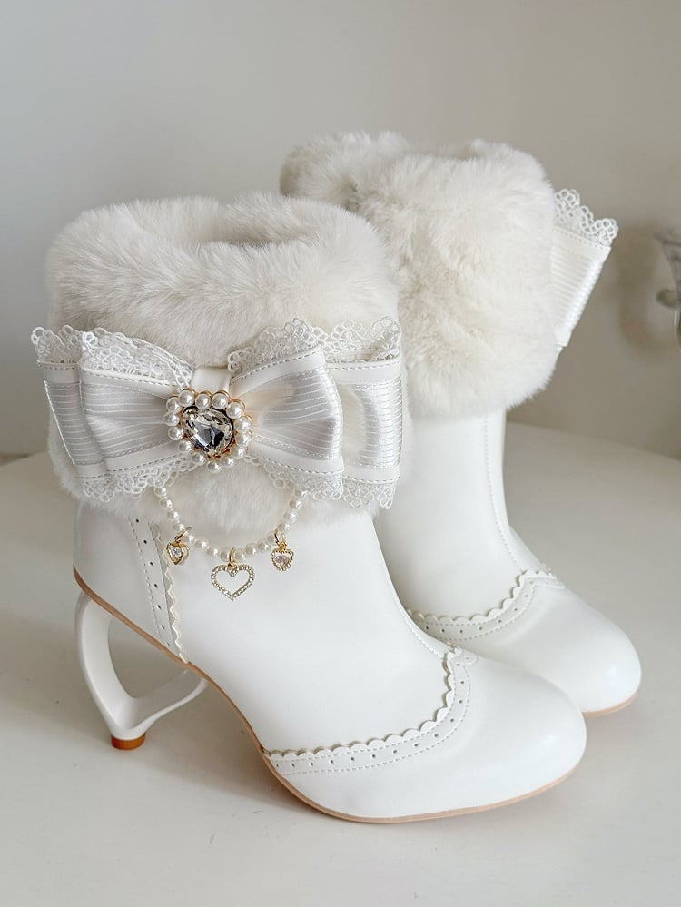 Rhinestone Cuff Bow Decor Boots - Heel and Sweet Beads Heart Off-white Winter Lolita Plush Design