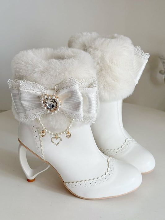 Rhinestone Cuff Bow Decor Boots - Heel and Sweet Beads Heart Off-white Winter Lolita Plush Design