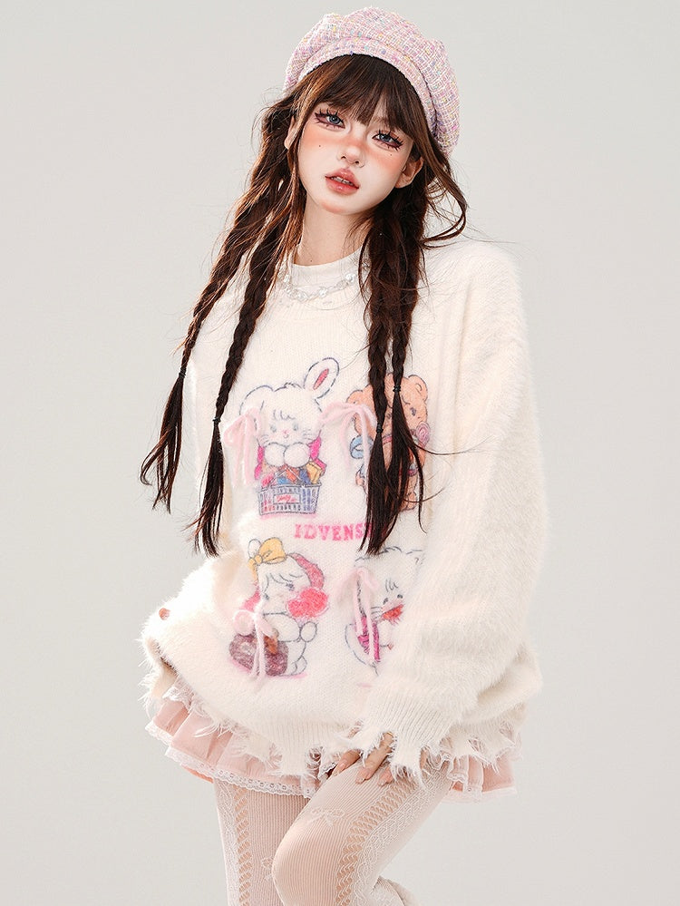 Weiß/Rosa süßer Mohair-Pullover mit Distressed-Besatz und Kätzchen und Bär