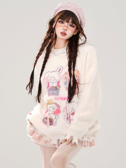 Weiß/Rosa süßer Mohair-Pullover mit Distressed-Besatz und Kätzchen und Bär