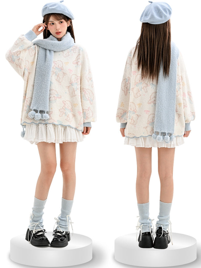 スカラップエッジトリムのベージュのキュートなラム柄セーター