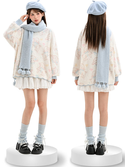 スカラップエッジトリムのベージュのキュートなラム柄セーター