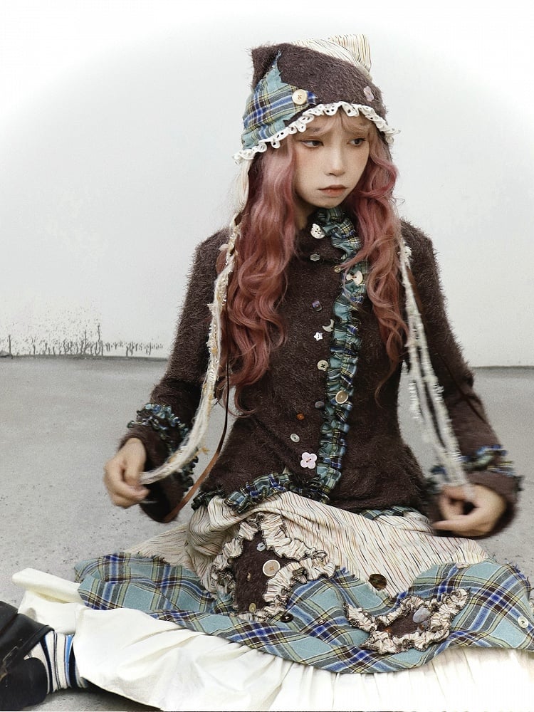 Playful Accents with Brown Kei Buttons Cardigan Mori Green Knit Plaid Vintage