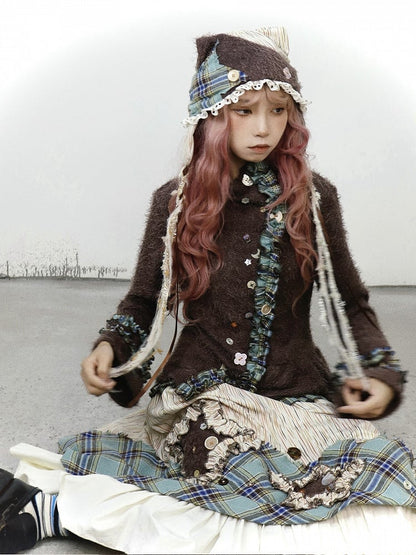 Playful Accents with Brown Kei Buttons Cardigan Mori Green Knit Plaid Vintage