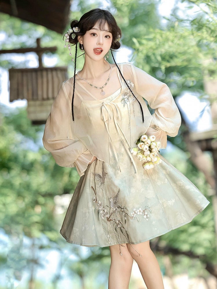 Sheer Top Set with Light Green Sleeveless Dress, Floral and Bird Embroidery, Modern Chinese Style - Han Ru Chu Hanfu &amp; Han-Element Studi