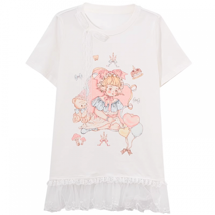 Pink/White Girl Print Lace Trim T-Shirt Cute Round Neck