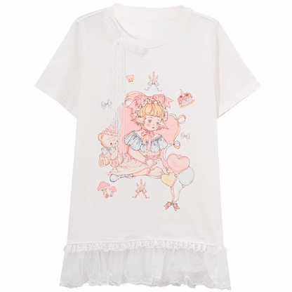 Pink/White Girl Print Lace Trim T-Shirt Cute Round Neck