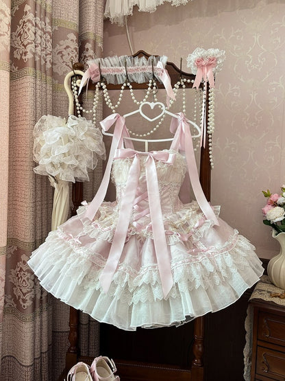Balletcore Lolita-Pulloverrock mit Taillenstäbchen, Prinzessinnen-Baskenrock, Rosa