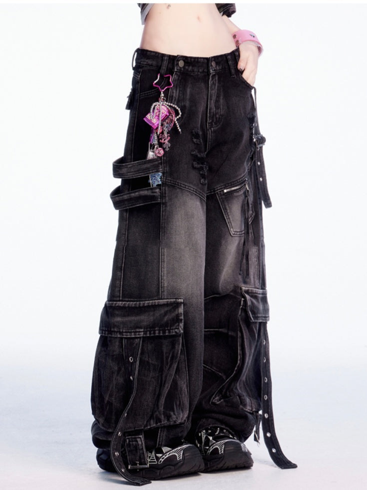 Jeans Rise Faded Wash Distressed Holes Weites Bein Cargo Schwarz Niedrig