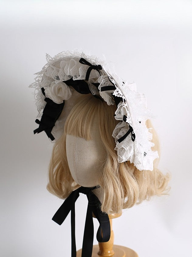 Maid Details Lolita Motorhaube Design Floral Schwarz-Weiß Trim Bowknot Spitze
