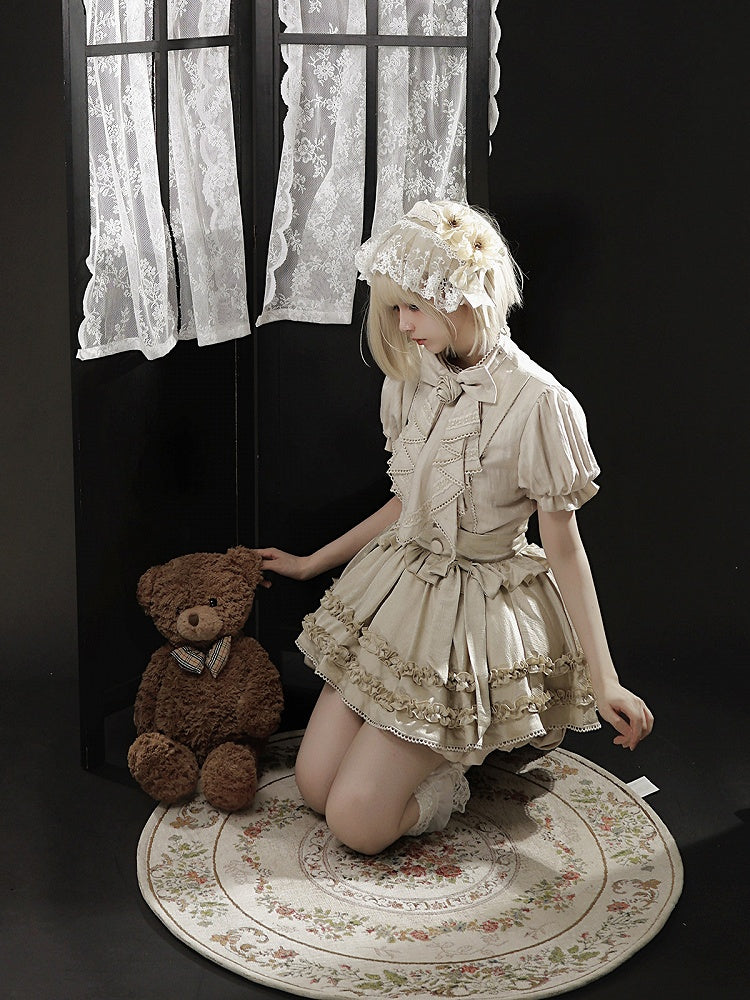 Bow and Ruffle Detail Bubble Skirt with Cross Straps in Beige - Unknown Star