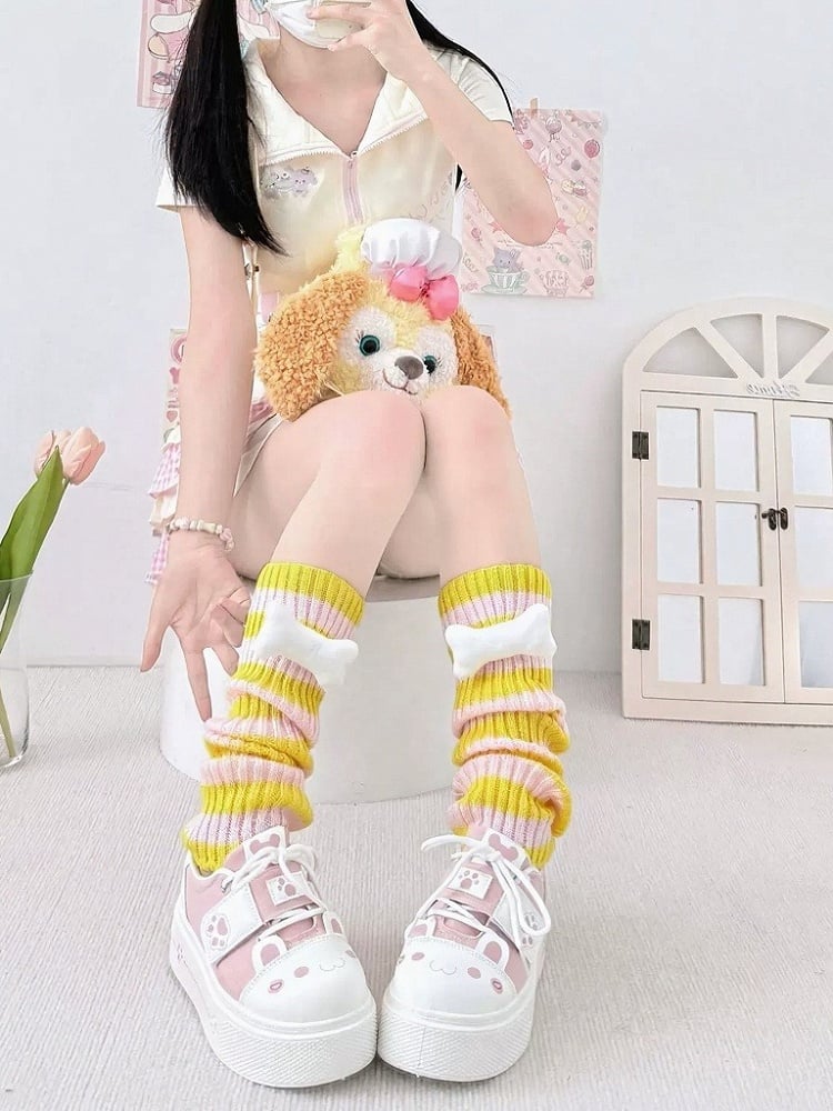 5 - Knit Pastel Stripe Bone with Decor Warmers Leg Colors