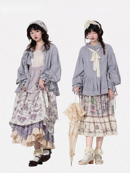 Long-Sleeve with Dusty Purple Blouse Loose Cuffs Ruffled Drawstring Lolita