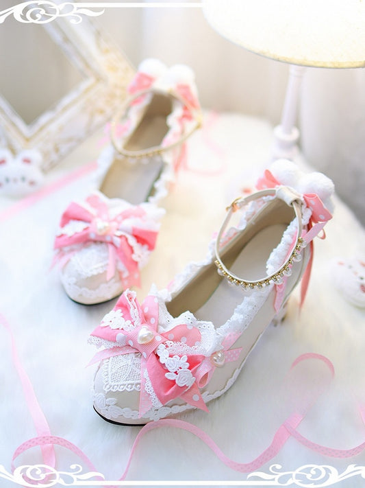 Pink Decorated Heels Bow Lolita Top Shoes 5CM Plush Block Bunny at Sweet