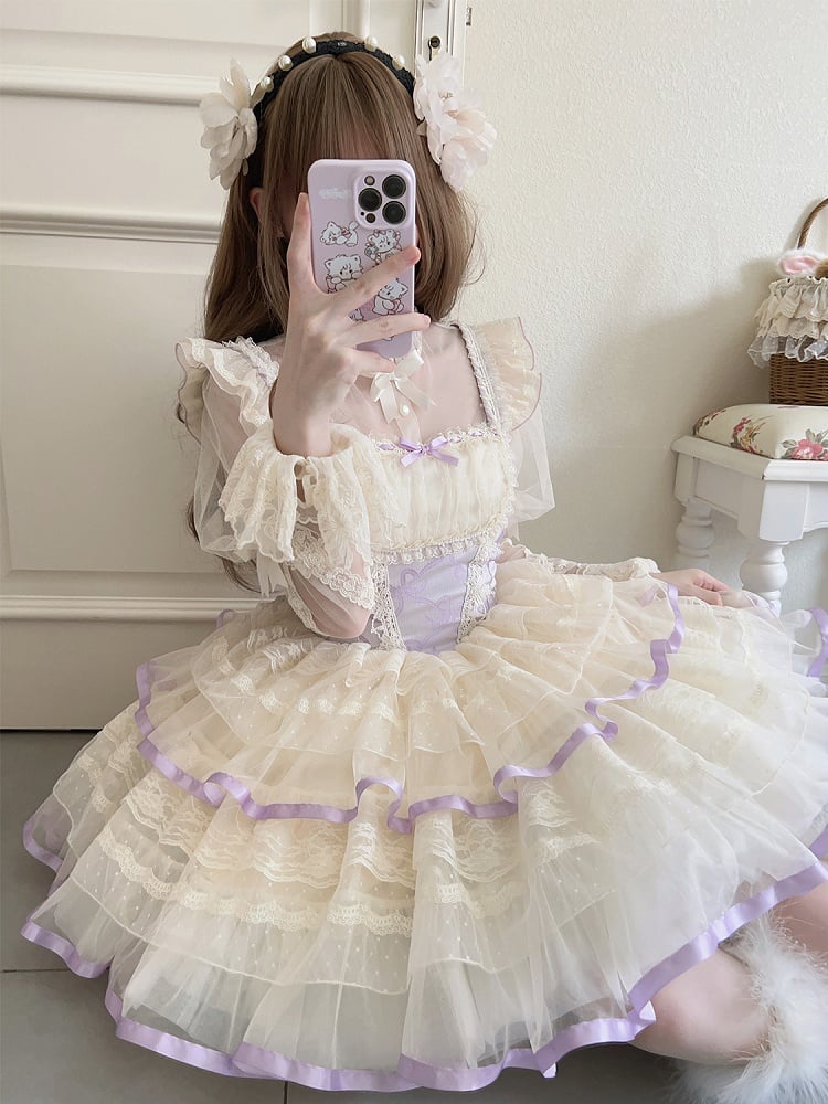 Skirt Purple Print Basque Waist Balletcore Lolita Bows Jumper