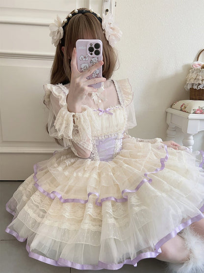 Skirt Purple Print Basque Waist Balletcore Lolita Bows Jumper